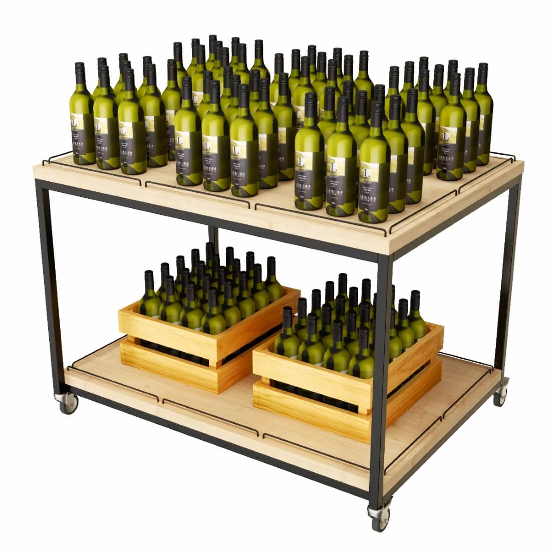 Präsentationstisch für Kistenware, Schwehrlasttisch rollbar. Beispiel mit Weinflaschen